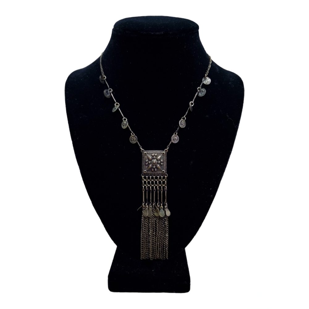 Base Metal Long Silver Oxidized Necklace